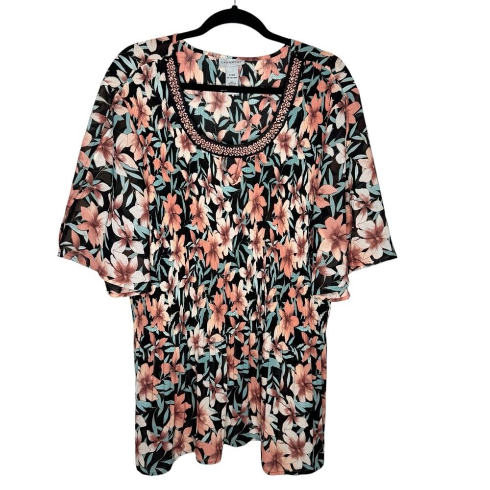 CATHERINE'S / pink teal blue black floral beaded stretch blouse / 3X petite